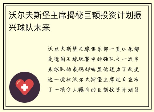 沃尔夫斯堡主席揭秘巨额投资计划振兴球队未来