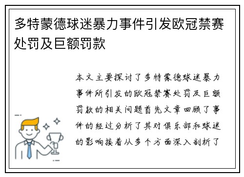 多特蒙德球迷暴力事件引发欧冠禁赛处罚及巨额罚款